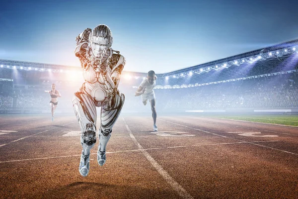 Cyborg mujer de plata corriendo. Medios mixtos —  Fotos de Stock