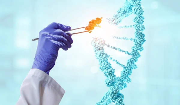 DNA moleculen ontwerp met arts hand pincetten. Gemengde media — Stockfoto