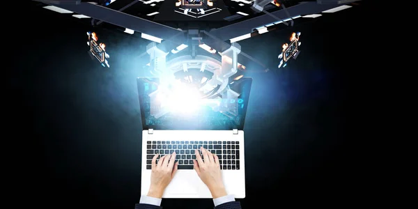 Businesswoman hands typing on laptop on tech background. Mixed media — Stock Photo, Image