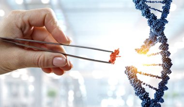 Kadın eli kıskacı olan DNA molekülleri dizaynı. Karışık ortam