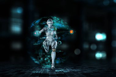 Cyborg gümüş koşu kadını. Karışık ortam