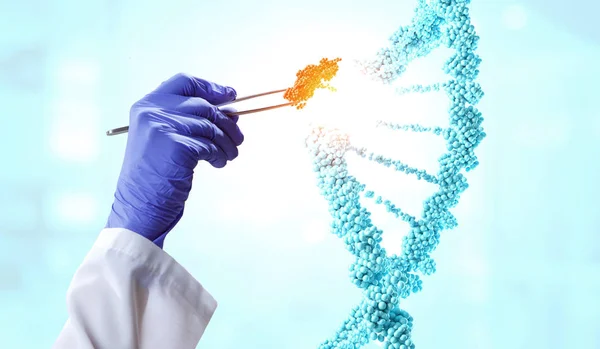 DNA moleculen ontwerp met arts hand pincetten. Gemengde media — Stockfoto