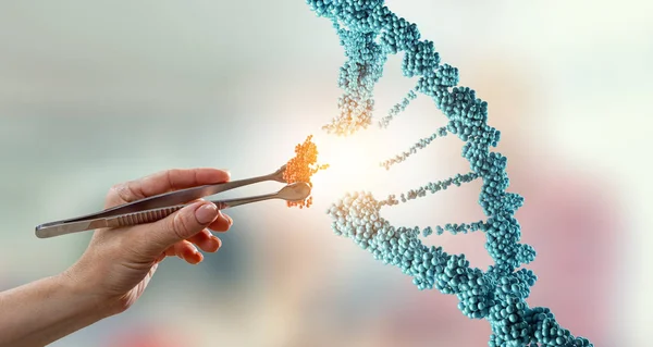Projekt molekuł DNA z żeńską ręką trzymającą obcęgi. Media mieszane — Zdjęcie stockowe