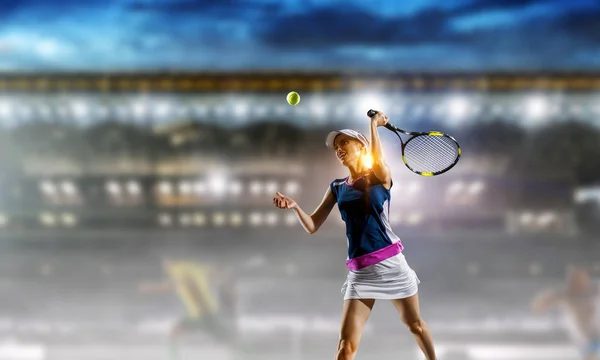 Young woman playing tennis in action. Mixed media — Stock Photo, Image