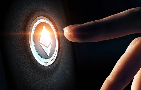 Finger om att trycka på knappen med Ethereum symbol. Blandade medier — Stockfoto