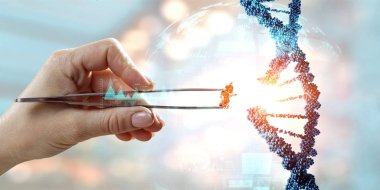 Kadın eli kıskacı olan DNA molekülleri dizaynı. Karışık ortam