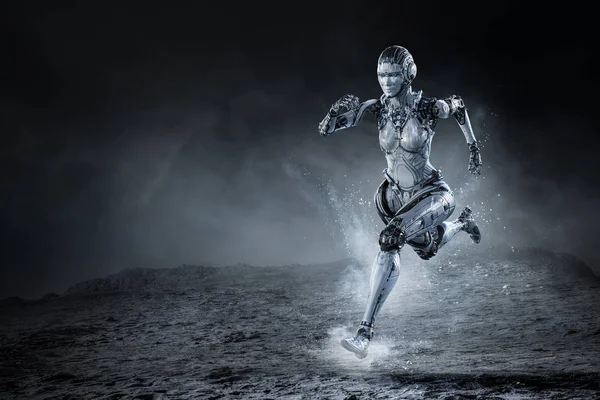 Cyborg silver running woman. Mixed media — Stock Photo, Image