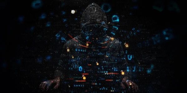 Hacker in hoodie donker thema — Stockfoto