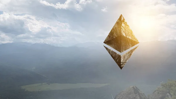 Ethereum symbool op landschap achtergrond — Stockfoto