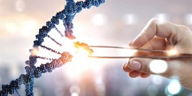 Kadın eli kıskacı olan DNA molekülleri dizaynı. Karışık ortam