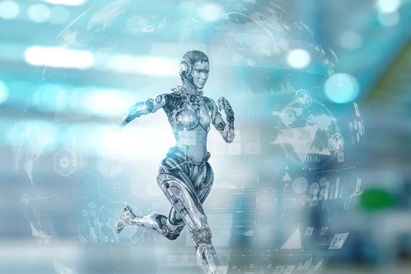 Cyborg silver running woman. Mixed media — Stock Photo, Image