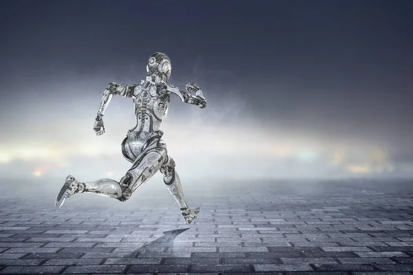 机器人银跑步的女人。混合媒体 — 图库照片