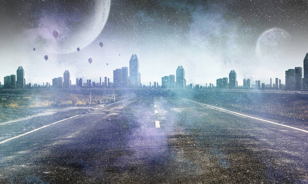 City and buildings with flying balloons on abstract sky with planets background