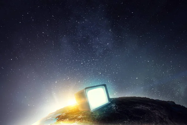 Vintage television set turned on against space background — Stock Photo, Image