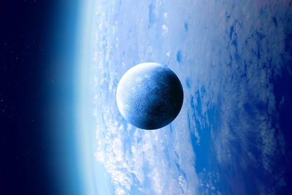 Planeta e Lua com a beleza do espaço no fundo escuro céu estrelado — Fotografia de Stock