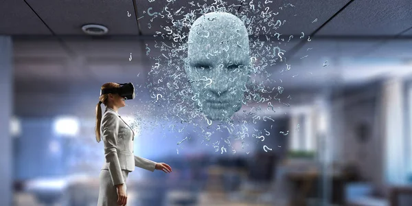 Ψηφιακό κεφάλι, τεχνητή νοημοσύνη και εικονική πραγματικότητα. Μεικτά μέσα — Φωτογραφία Αρχείου