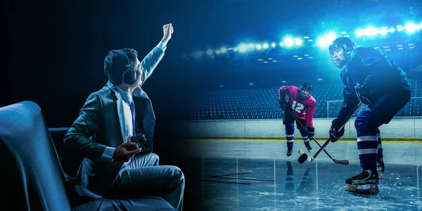 Giovane che gioca a hockey su ghiaccio — Foto Stock
