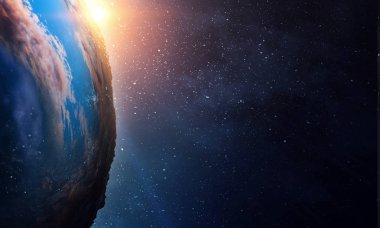 Mavi uzay arka planda gün doğumu ile Dünya