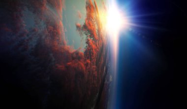 Mavi uzay arka planda gün doğumu ile Dünya