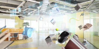 Uçan nesnelerle dolu ofis yeri