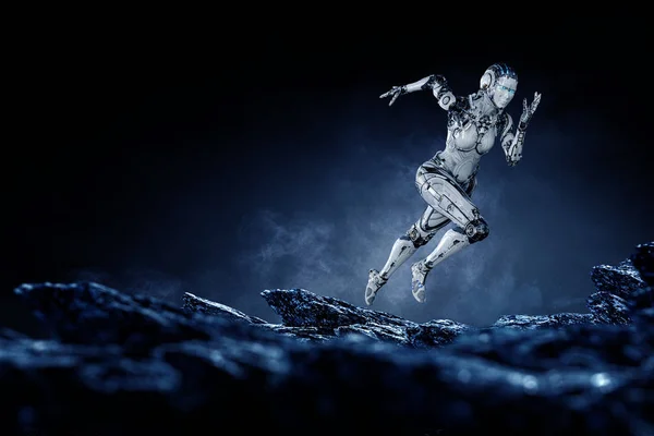 Cyborg zilver lopende vrouw. Gemengde media — Stockfoto