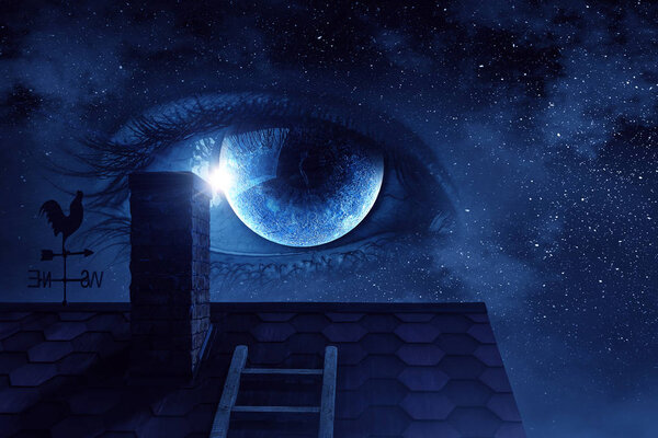 Close up of eye with lunar iris and a house roof on blue starry space background