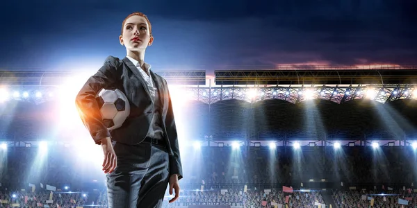Business Lady op voetbalstadion. Mixed media — Stockfoto