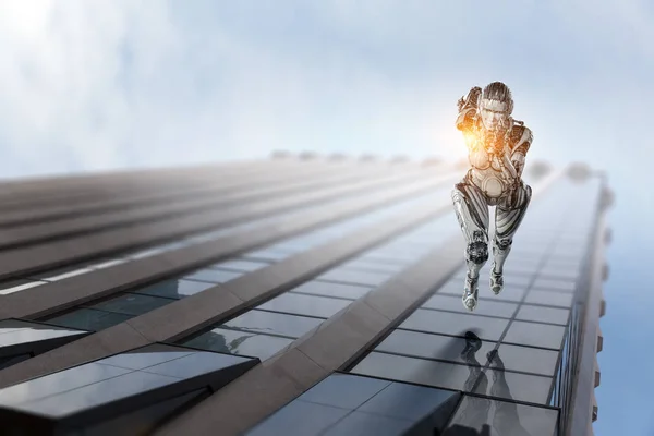Cyborg gümüş koşu kadını. Karışık ortam — Stok fotoğraf