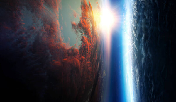 Abstract planets and space texture with sunrise and clouds