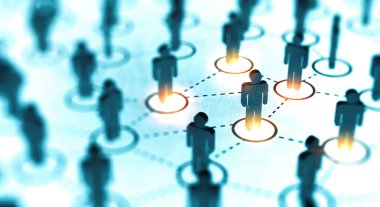 İnsan figürlerini birbirine bağlayan soyut sosyal ağ kavramı.