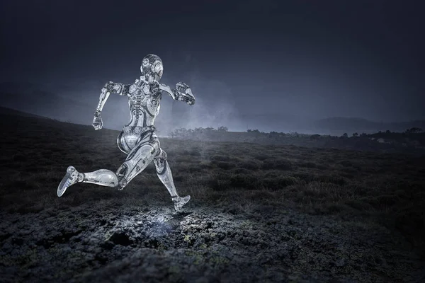 Cyborg mujer de plata corriendo. Medios mixtos —  Fotos de Stock