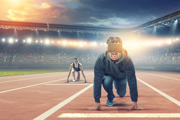 Joven en realidad virtual. Medios mixtos — Foto de Stock