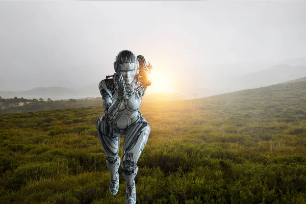 Cyborg zilver lopende vrouw. Gemengde media — Stockfoto