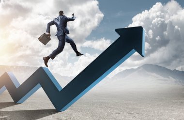 Siyah işadamı mavi zikzak artan ok üzerinde çalışan