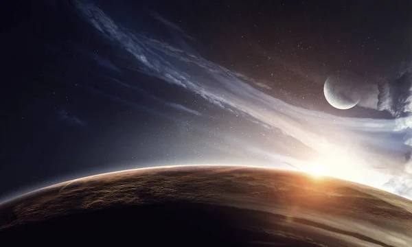 Earth, moon and stars on blue dark sky — Stock Photo, Image