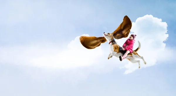 Super hrdina a její létající pes — Stock fotografie
