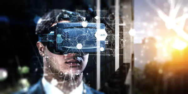 Abstract image of virtual reality experience, a man in VR glasses — Stock Photo, Image