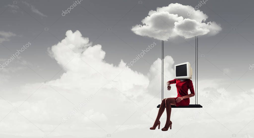 Woman with computer screen head. Efficiency concept.