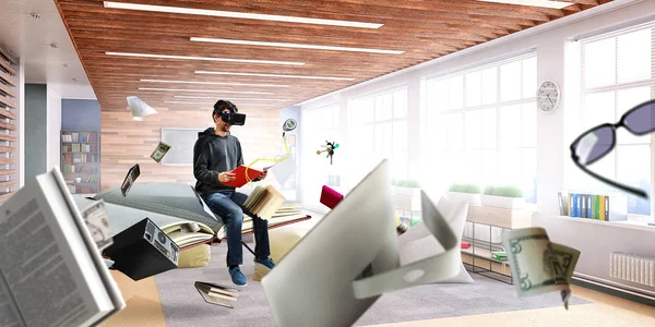 Virtual reality experience, young man in VR glasses — Stock Photo, Image