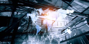 dünya haritası ve 3d grafik ile modern çelik kurumsal binanın metal cephesoyut desen