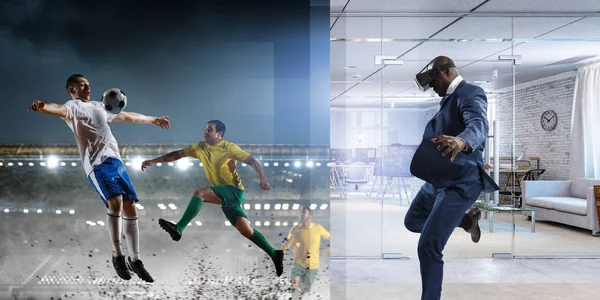 Μαύρος/η άνθρωπος στον αγώνα ποδοσφαίρου εικονικής πραγματικότητας — Φωτογραφία Αρχείου