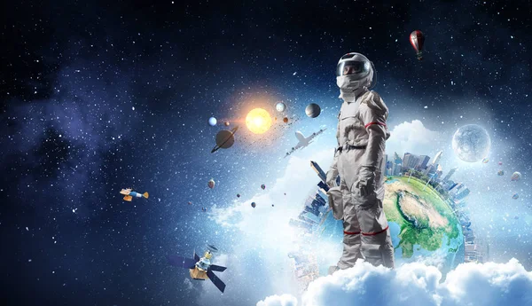 Spaceman och planeten jorden abstrakt tema — Stockfoto