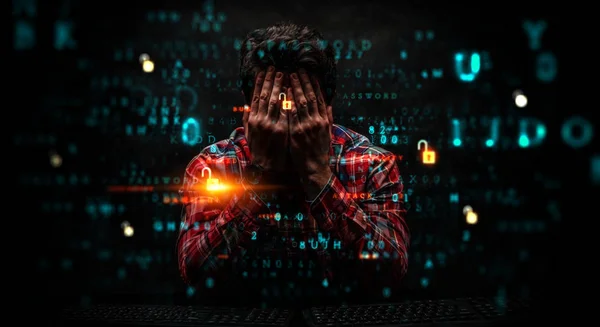 Hacker in casual clothes dark theme — Stock Photo, Image