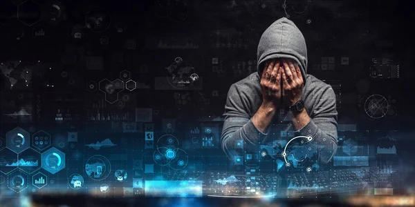 Hacker in hoodie dark theme — Stock Photo, Image