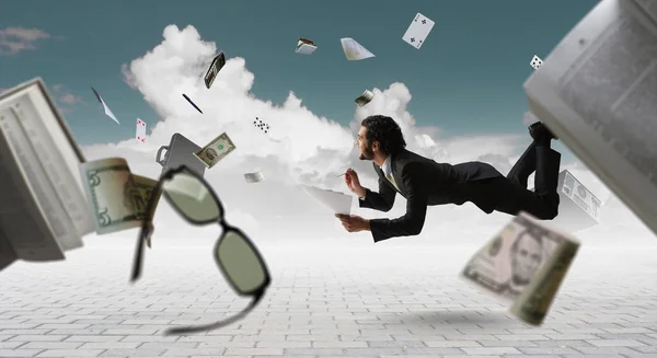 Joyful happe businessman levitating horizontally — Stock Photo, Image