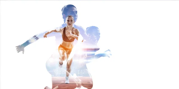 Atleet vrouw op wit. Mixed media — Stockfoto