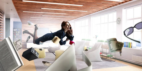 Joyful beautiful young levitating businesswoman — Stock Photo, Image