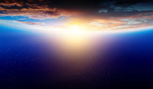 Ziemia z wschodem słońca na niebieskim tle przestrzeni — Zdjęcie stockowe