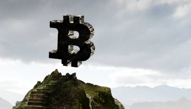 Merdivenle dağın üzerinde Bitcoin sembolü