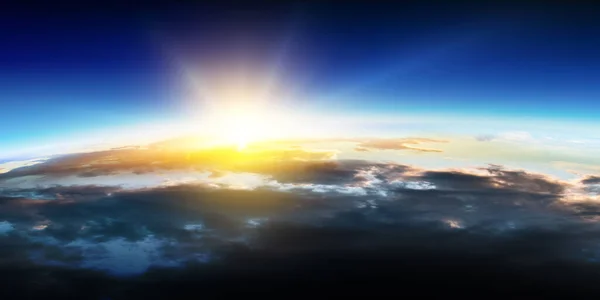 Ziemia z wschodem słońca na niebieskim tle przestrzeni — Zdjęcie stockowe